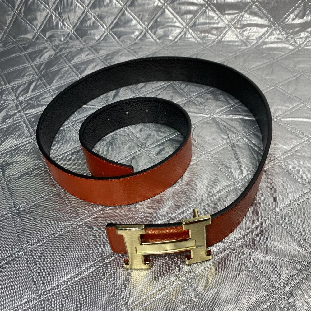 Designer Style H Buckle Reversible Brown Black Belt Gold Tone